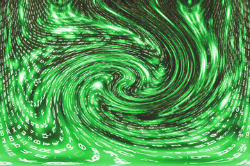 Green matrix digital background. Distorted cyberspace concept. Characters fall down in wormhole. Hacked matrix. Virtual reality design. Complex algorithm data hacking. Green digital sparks.