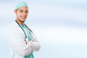 Young doctor portrait side view copyspace copy space occupation latin man job doctor's overall