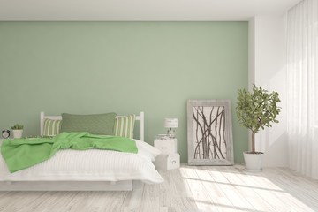 Stylish bedroom in white color. Scandinavian interior design. 3D illustration