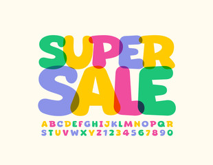 Vector bright promo poster Super Sale with Uppercase Font. Colorful transparent Alphabet Letters and Numbers 