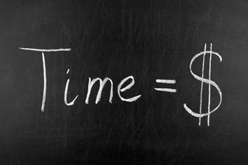 Time is money handwritten with white chalk on a blackboard