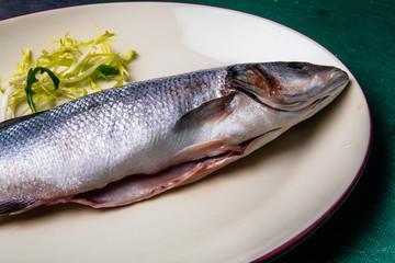 fresh sea bass on a white plate