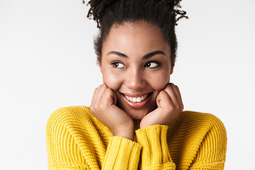Image closeup of attractive african american woman smiling and looking aside