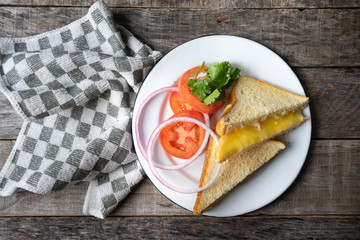 Grilled cheese sandwich with tomato and onion