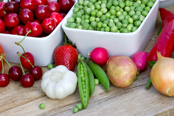 Spring fruit and vegetable, fresh spring, organic fruits and vegetables on table