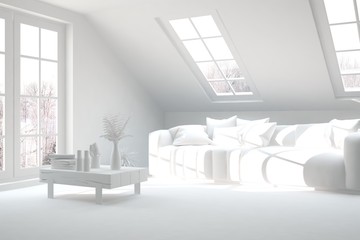 Mock up of stylish room in white color with sofa. Scandinavian interior design. 3D illustration