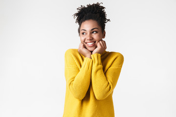 Image closeup of beautiful african american woman smiling at camera and looking at copyspace