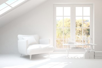 Mock up of stylish room in white color with armchair. Scandinavian interior design. 3D illustration