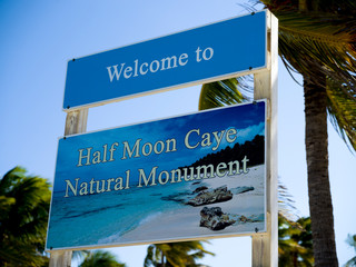 Close-up of welcome sign, Half Moon Caye Natural Monument, Half Moon Caye, Lighthouse Reef Atoll, Belize - 269425237