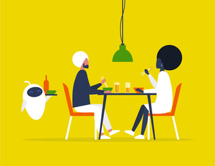 Futuristic service robot carries a tray with food