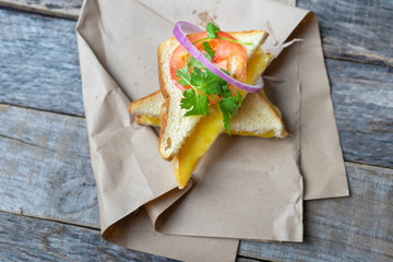 Grilled cheese sandwich with tomato and onion