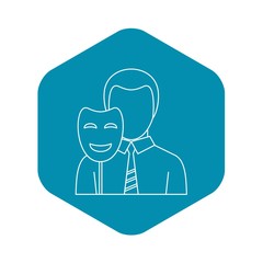 Businessman holding disguise mask icon. Outline illustration of businessman holding disguise mask vector icon for web