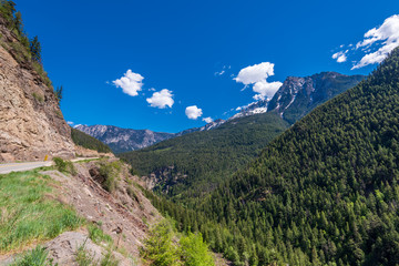 View of snow mountains at summer in British Columbia, Canada.