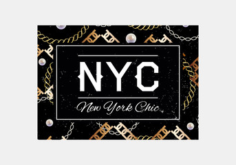 NYC slogan typography  on gold chain pattern background. Fashion t-shirt design. Girls tee shirt trendy print.