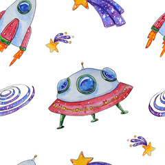 Hand painted watercolor space seamless pattern.