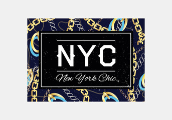 NYC slogan typography  on gold chain pattern background. Fashion t-shirt design. Girls tee shirt trendy print.