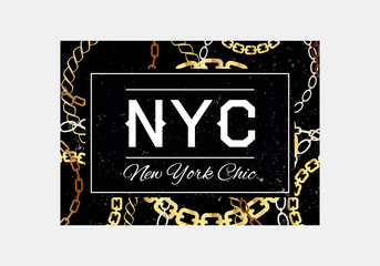 NYC slogan typography  on gold chain pattern background. Fashion t-shirt design. Girls tee shirt trendy print.