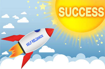Self reliance connects to success in business,work and life - symbolized by a cartoon style funny drawing with blue sky, yellow sun and red rocket, 3d illustration