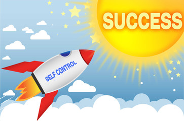 Fototapeta na wymiar Self control connects to success in business,work and life - symbolized by a cartoon style funny drawing with blue sky, yellow sun and red rocket, 3d illustration