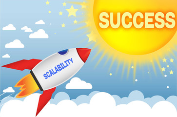 Fototapeta na wymiar Scalability connects to success in business,work and life - symbolized by a cartoon style funny drawing with blue sky, yellow sun and red rocket, 3d illustration