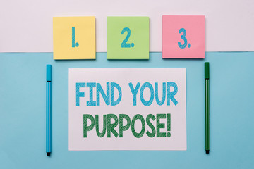 Text sign showing Find Your Purpose. Business photo text reason for something is done or for which...
