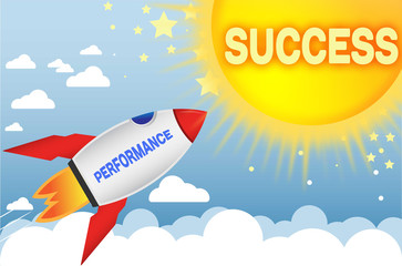 Performance connects to success in business,work and life - symbolized by a cartoon style funny drawing with blue sky, yellow sun and red rocket, 3d illustration
