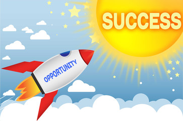 Opportunity connects to success in business,work and life - symbolized by a cartoon style funny drawing with blue sky, yellow sun and red rocket, 3d illustration