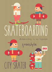 Skateboarding Poster - Group of Cartoon Skaters on Workout. Skating in Park. Skateboarders with Skateboards. Vector Illustration. Retro Design. Flat Style.