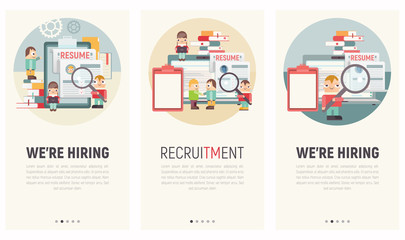 Mobile App Page Onboard Screen Set. Screens Template for HR Recruitment Website or Web Page. Vector Illustration. User Interface Kit in Flat Design.