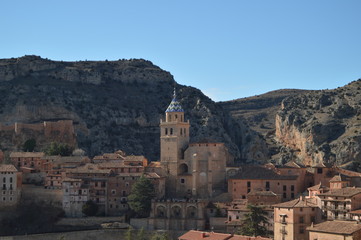 Fototapeta na wymiar December 28, 2013. Albarracin, Teruel, Aragon, Spain. Cathedral Of El Salvador Seen From The Castle. History, Travel, Nature, Landscape, Vacation, Architecture.