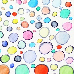Multicolored watercolor hand drawn circles pattern. Round shapes ornament. Colored painted bubbles design