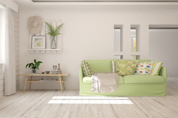 Stylish room in white color with sofa. Scandinavian interior design. 3D illustration