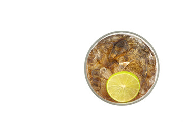 Cola and lemon with ice in glass isolated on white background