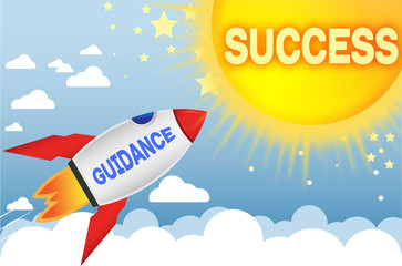 Guidance connects to success in business,work and life - symbolized by a cartoon style funny drawing with blue sky, yellow sun and red rocket, 3d illustration