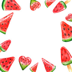 Fresh watermelon illustration on white background. Hand painted summer juisy fruits and popsicles frame.