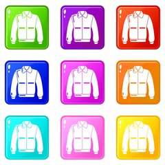 Varsity jacket icons set 9 color collection isolated on white for any design