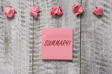 Word writing text Summary. Business photo showcasing brief statement or account of main points of...