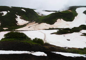 A small valley of geysers near the Mutnovsky geo power station in Kamchatka