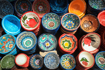Bukhara, Uzbekistan - May 10, 2019: Bright and Colorful Plates in the Local Uzbek Pattern Style