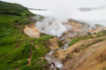 A small valley of geysers near the Mutnovsky geo power station in Kamchatka