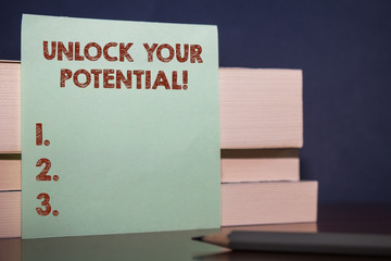 Handwriting text Unlock Your Potential. Conceptual photo release possibilities Education and good training is key Close up three wooden different sizes rectangle boxes paper sheet pencil