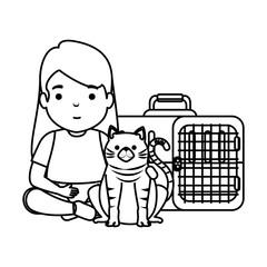 cute little girl with kitty in transport box © Gstudio