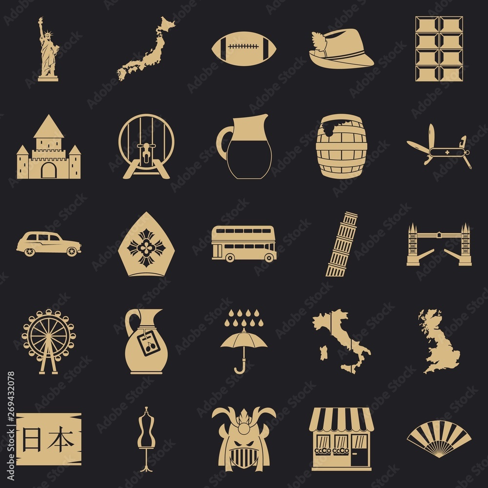 Poster explore the country icons set. simple set of 25 explore the country vector icons for web for any des