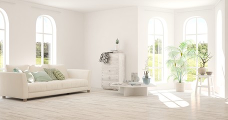 Stylish room in white color with sofa. Scandinavian interior design. 3D illustration