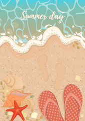 Sandy beach with azure foam wave of starfish shells and algae Slippers on the beach. Background with sandy beach azure foam wave for summer design