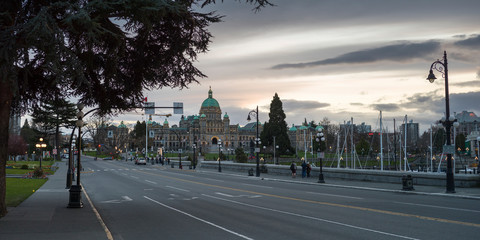 Street with Victoria Legislature Building in the background, Victoria, British Columbia, Canada