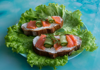 Sandwich with salmon, cheese, cucumber and herbs
