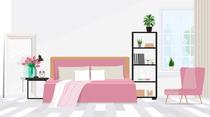 Interior bedroom design with a composition of furniture in pink.