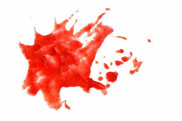 Fototapeta na wymiar Red spots on white isolated background. Blood droplets or splatters, paint, juice, ketchup draw