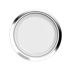 White glass button with chrome frame. 3d rendering illustration isolated